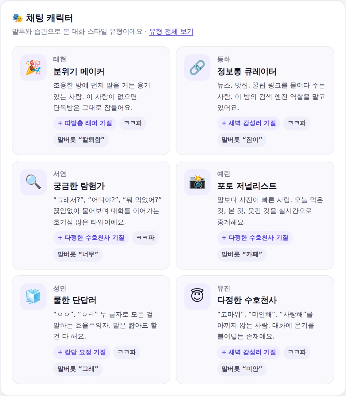 참여자별 채팅 캐릭터 유형과 설명, 웃음 스타일, 말버릇이 표시된 카드 화면